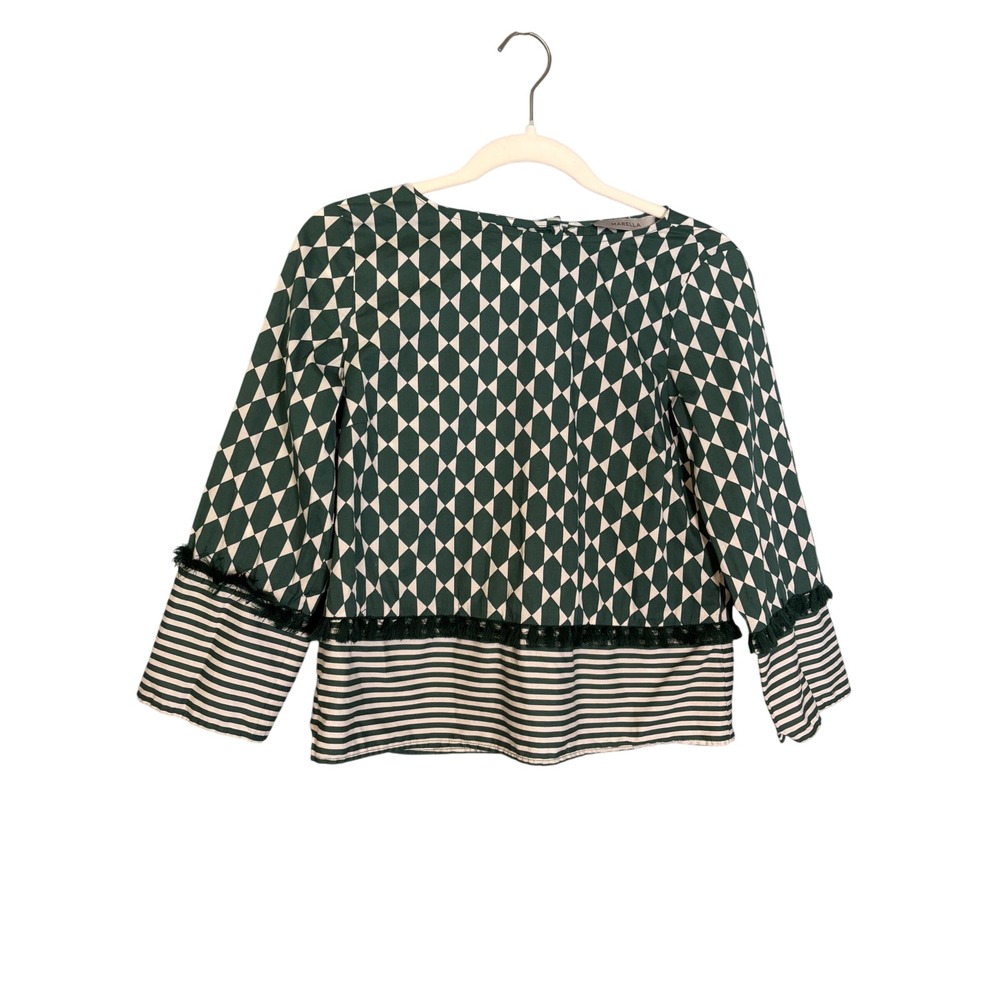 Marella Green White Diamond Print Fringe Trim Button Back Blouse Top Size 2 Boho